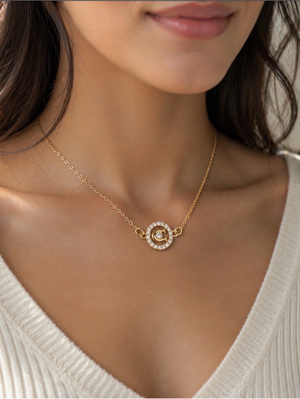 Coach Gold Crystal 'C' Circle Pendant Necklace - Picture 4 of 4